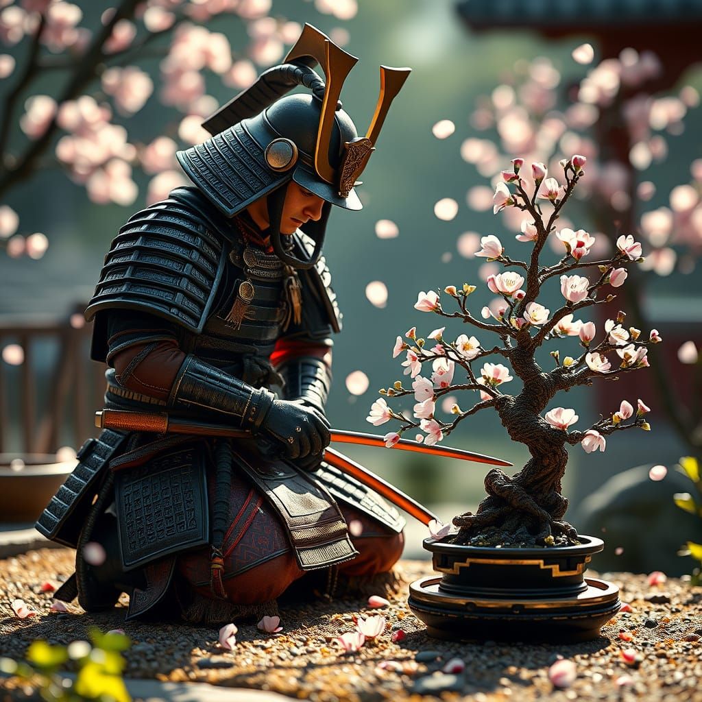 Miniature Samurai's Zen Garden Bonsai, Hyperrealistic