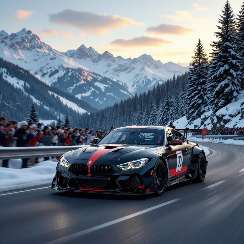 Black and Red M4 Car Racing in Snowy Mountains