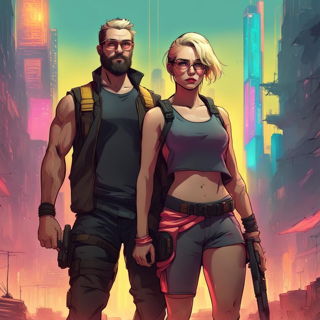 Cyberpunk Couple Hiking in Neon Landscape