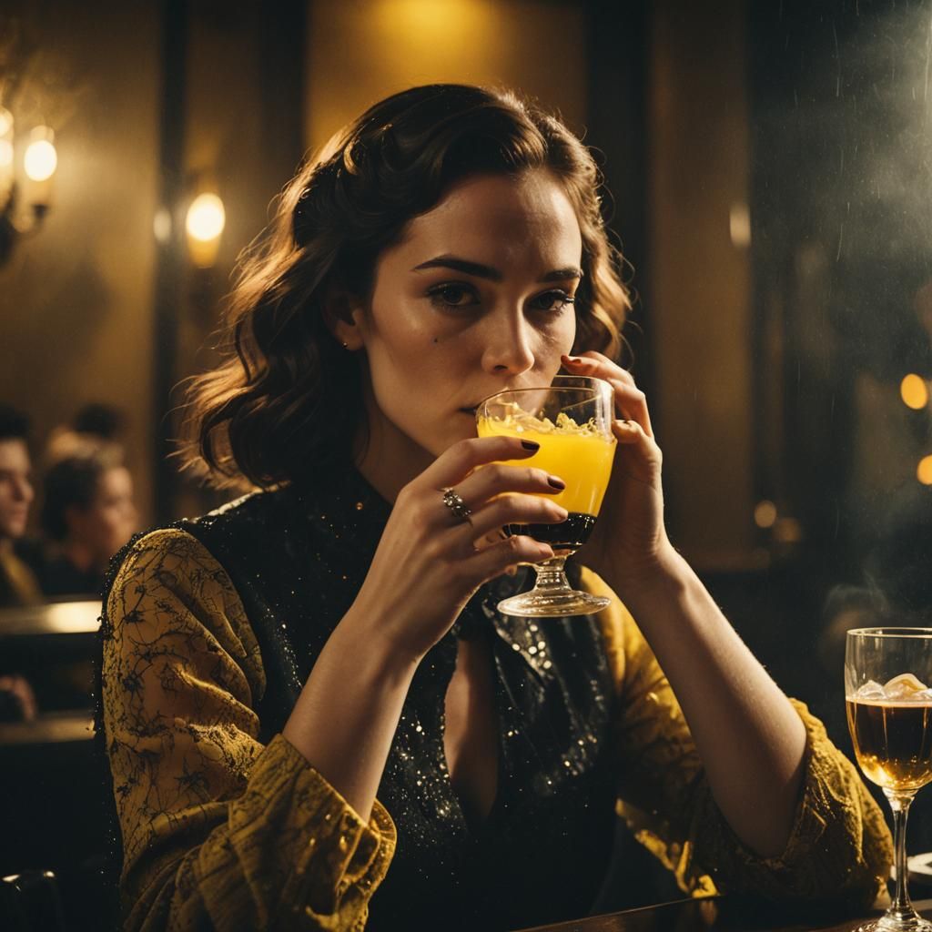 Young Woman Drinks Black and Yellow Drink: Cinematic Still