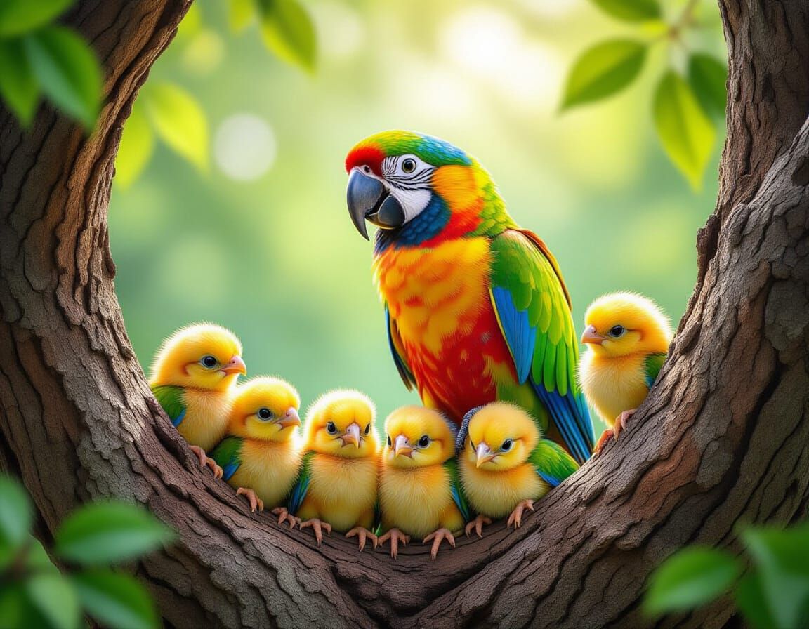 Vibrant Parrot Family in Lush Green Tree