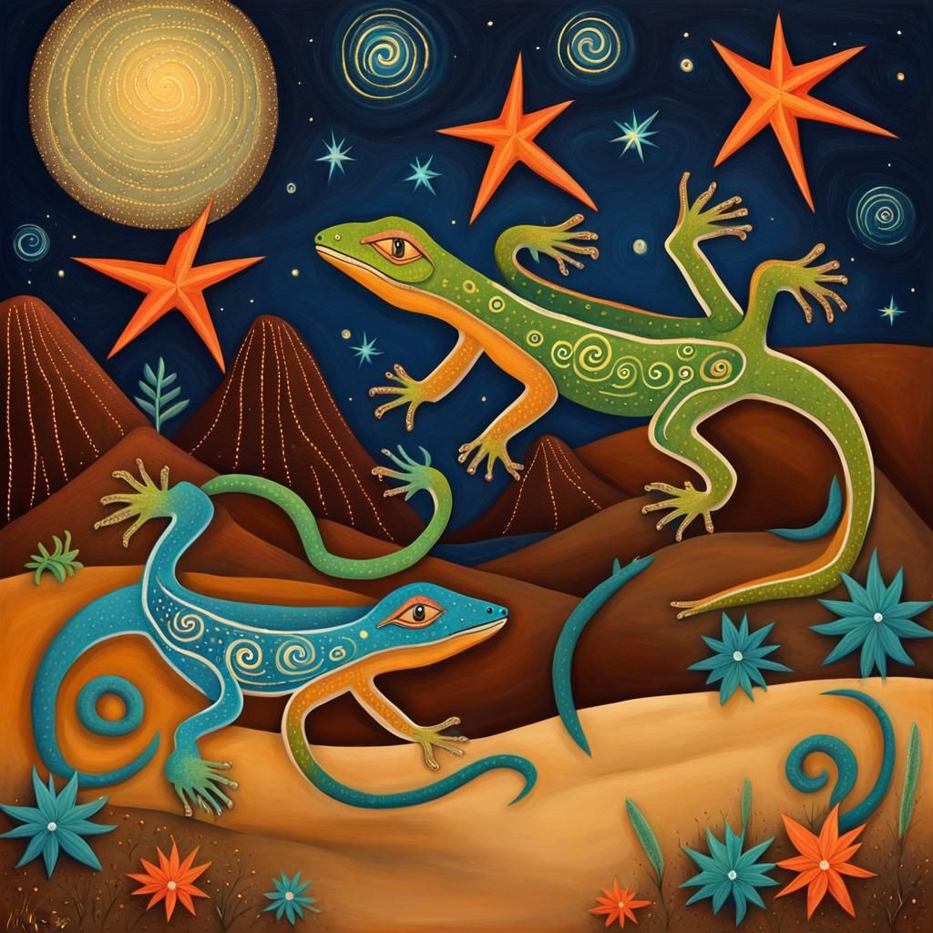 Whimsical Folk Art Lizards Dancing on Starry Night