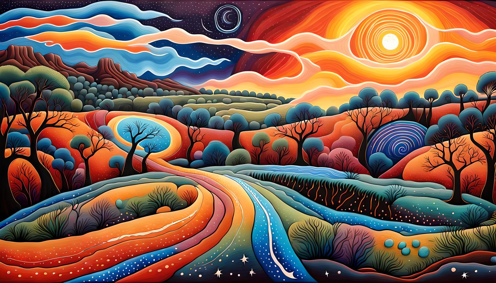 Dreamtime Landscape with Rainbow Dragon and Spirit Animals