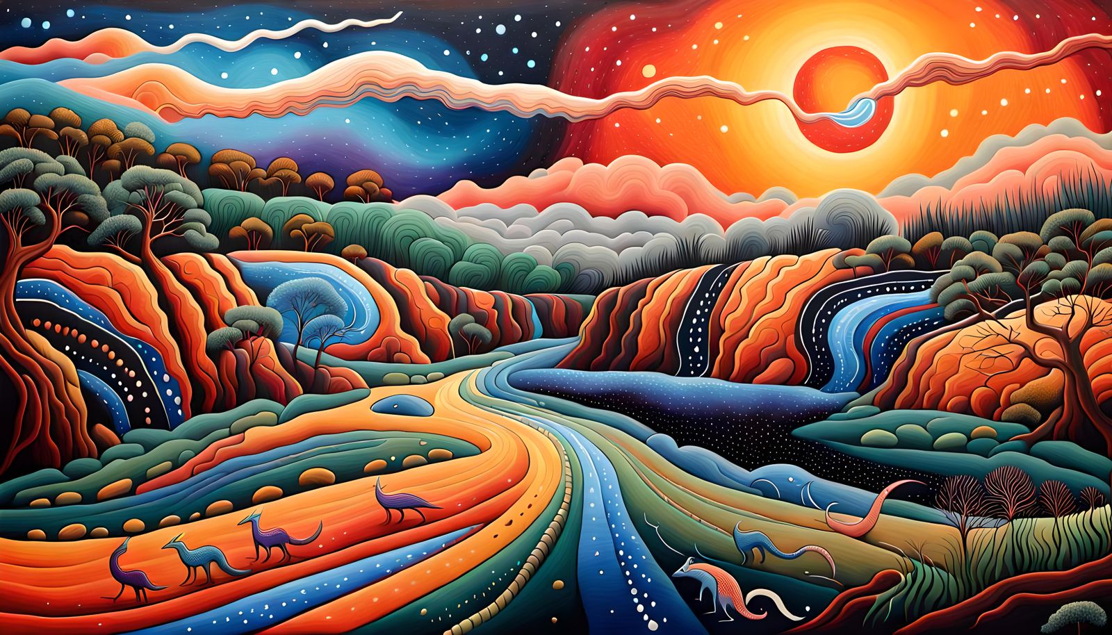 Dreamtime Landscape with Rainbow Dragon and Spirit Animals