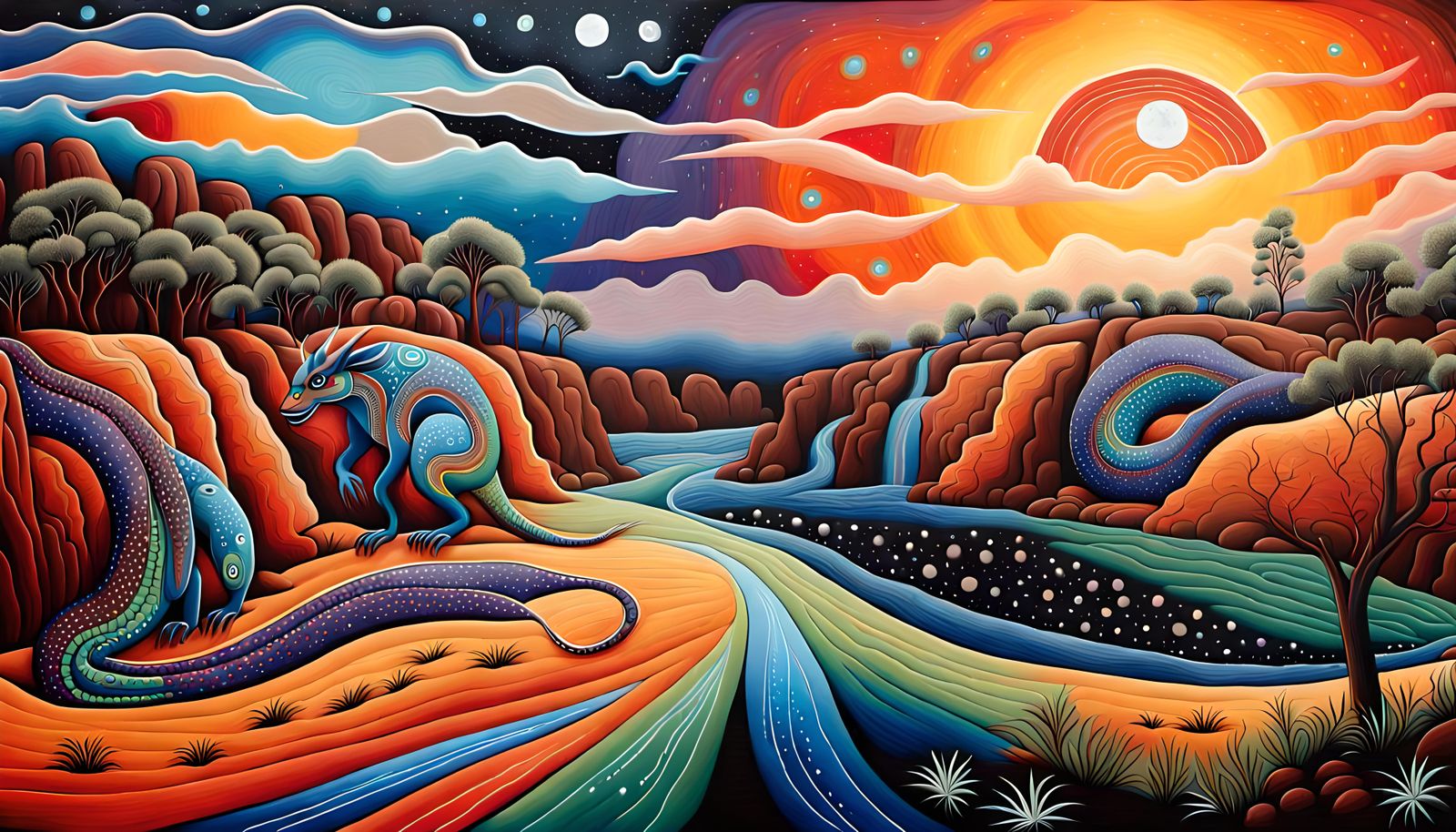 Dreamtime Art: Rainbow Dragon in Aboriginal Landscape