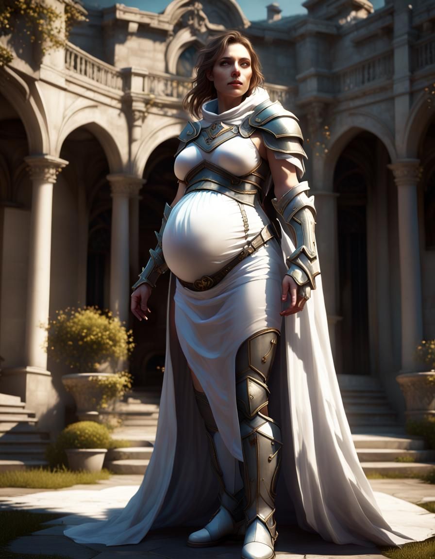 Pregnant Paladin in White Armor Before Mansion