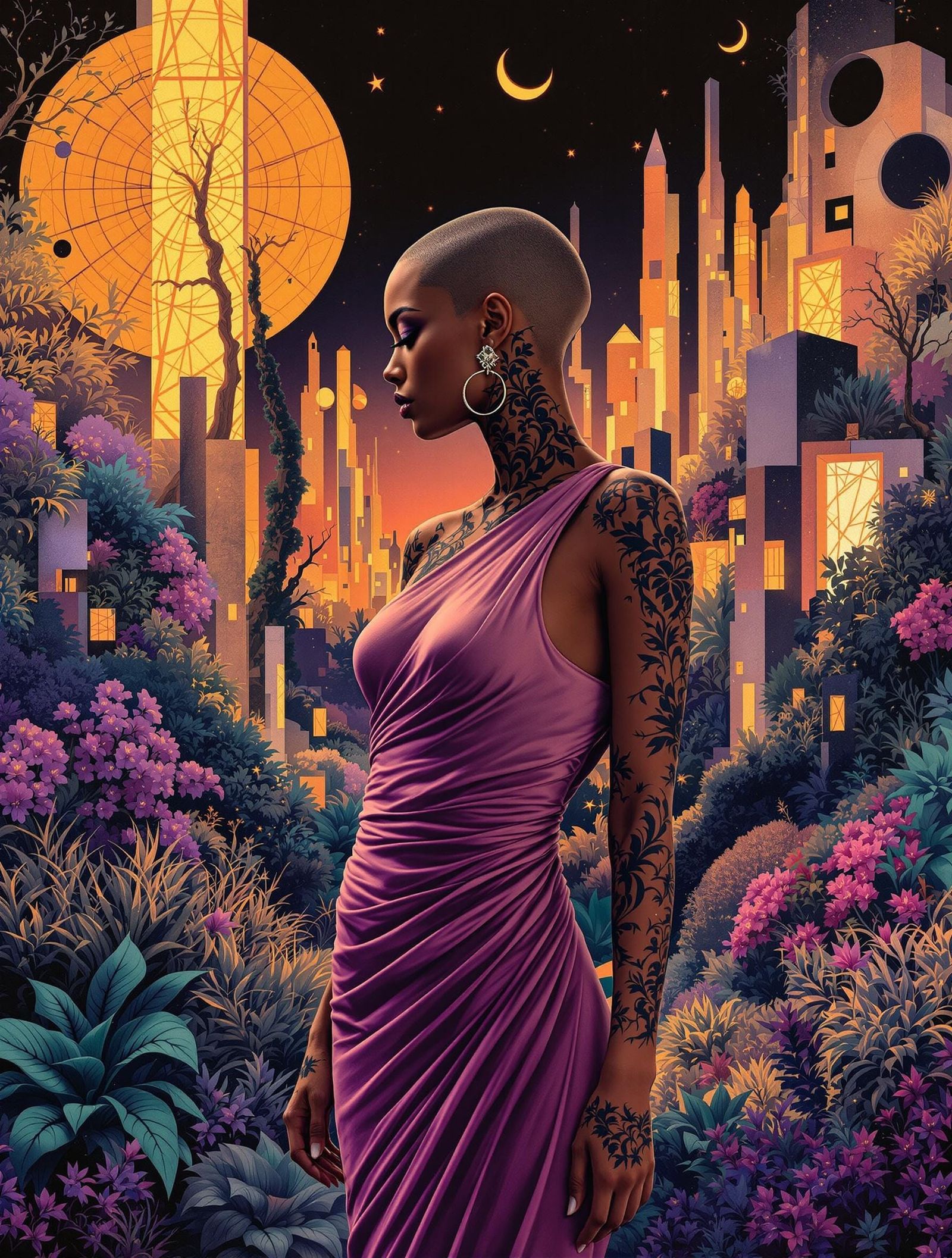 Surreal Woman Blends with Vibrant Twilight Realm in Bold Tex...