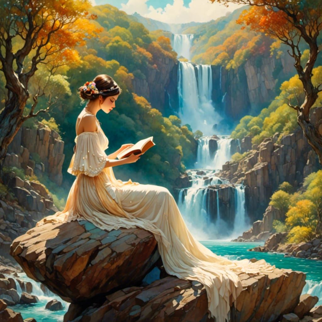 Bohemian Woman Reading by Waterfall in Dreamy Style