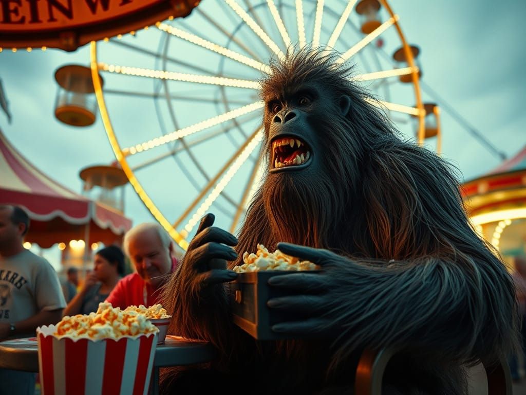 Surreal Summer Night with a Photorealistic Giant Yeti and Bi...