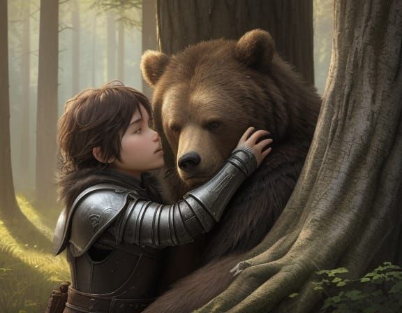 Child Hugs Grizzly Bear in Whimsical Watercolor Fantasy Art