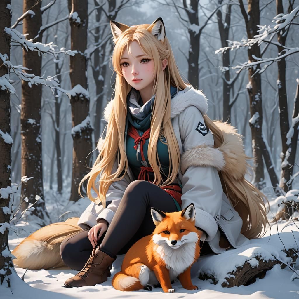 Anime Girl with Fox in Snowy Forest