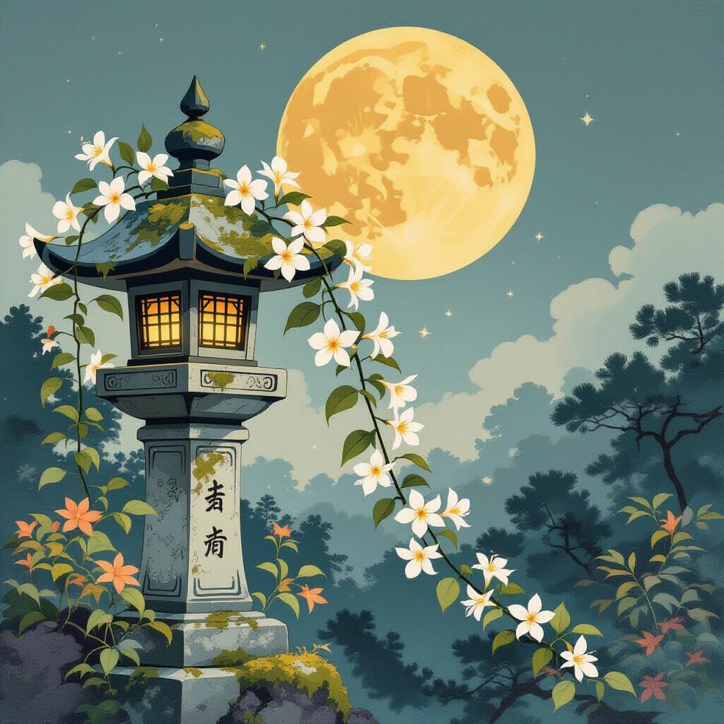 Honeysuckle Vine Adorns Lantern in Ukiyo-e Garden