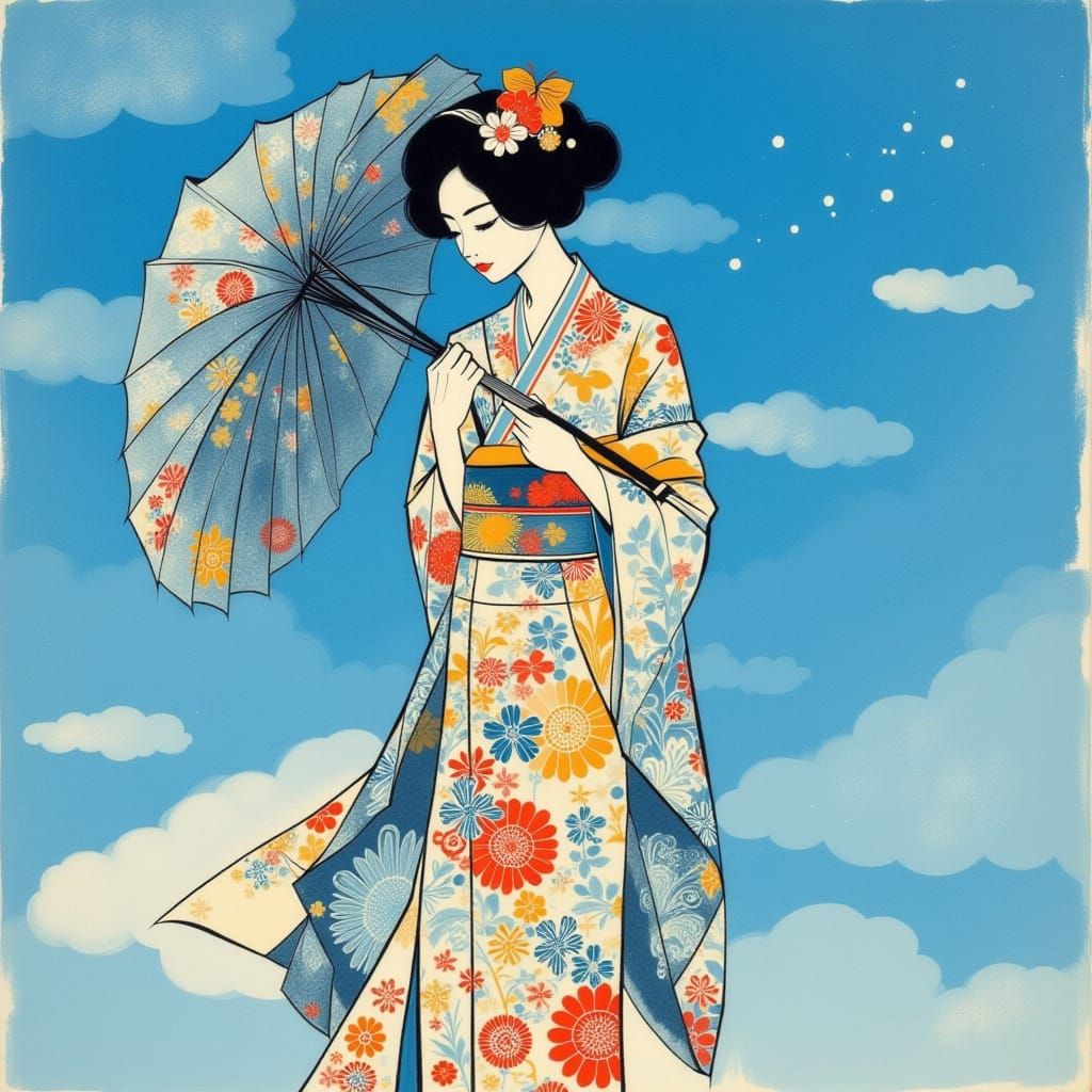 Colorful Japanese Woman in Yukata with Azure Sky
