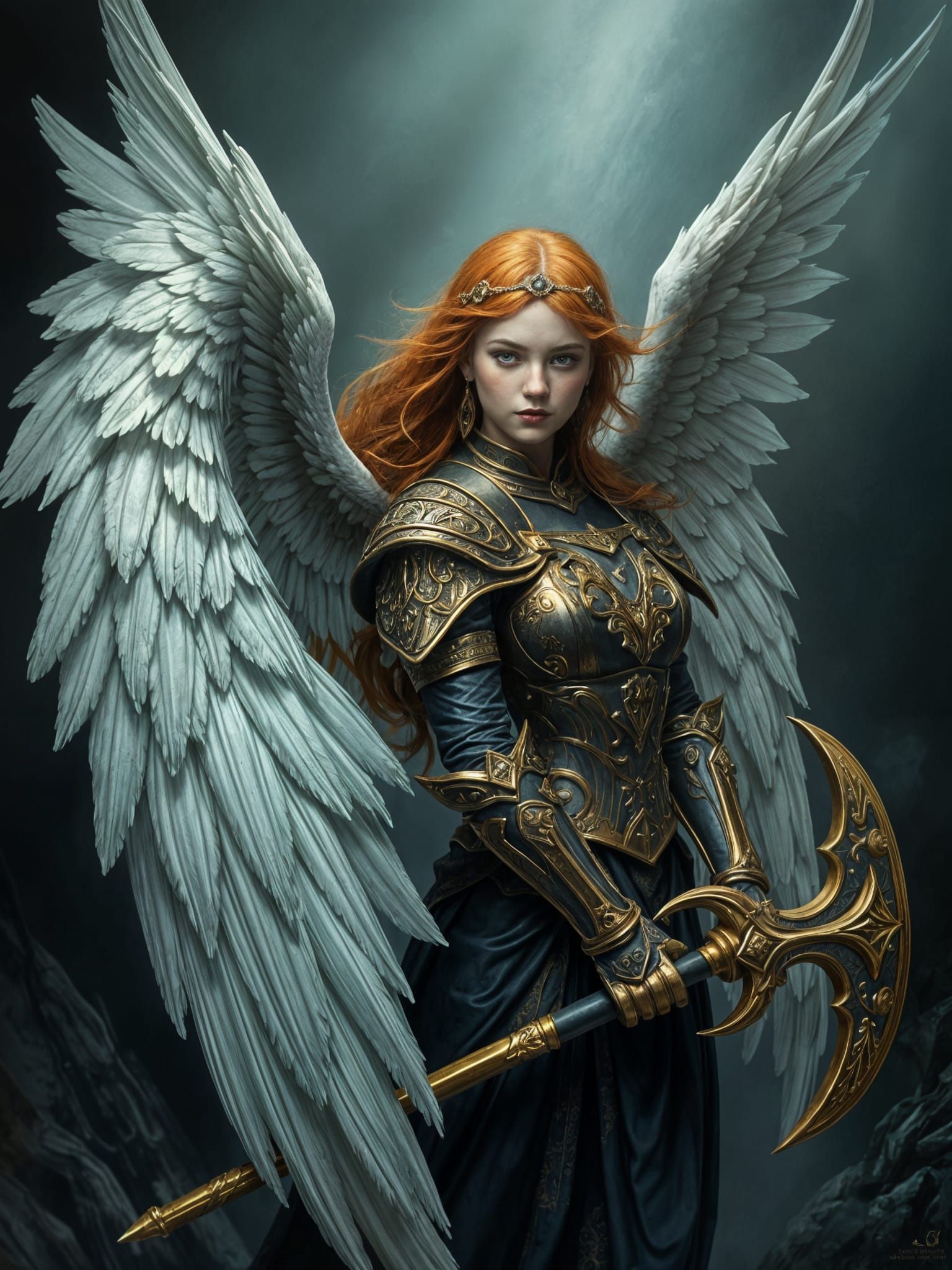 Golden Armored Angel in Gothic Landscape