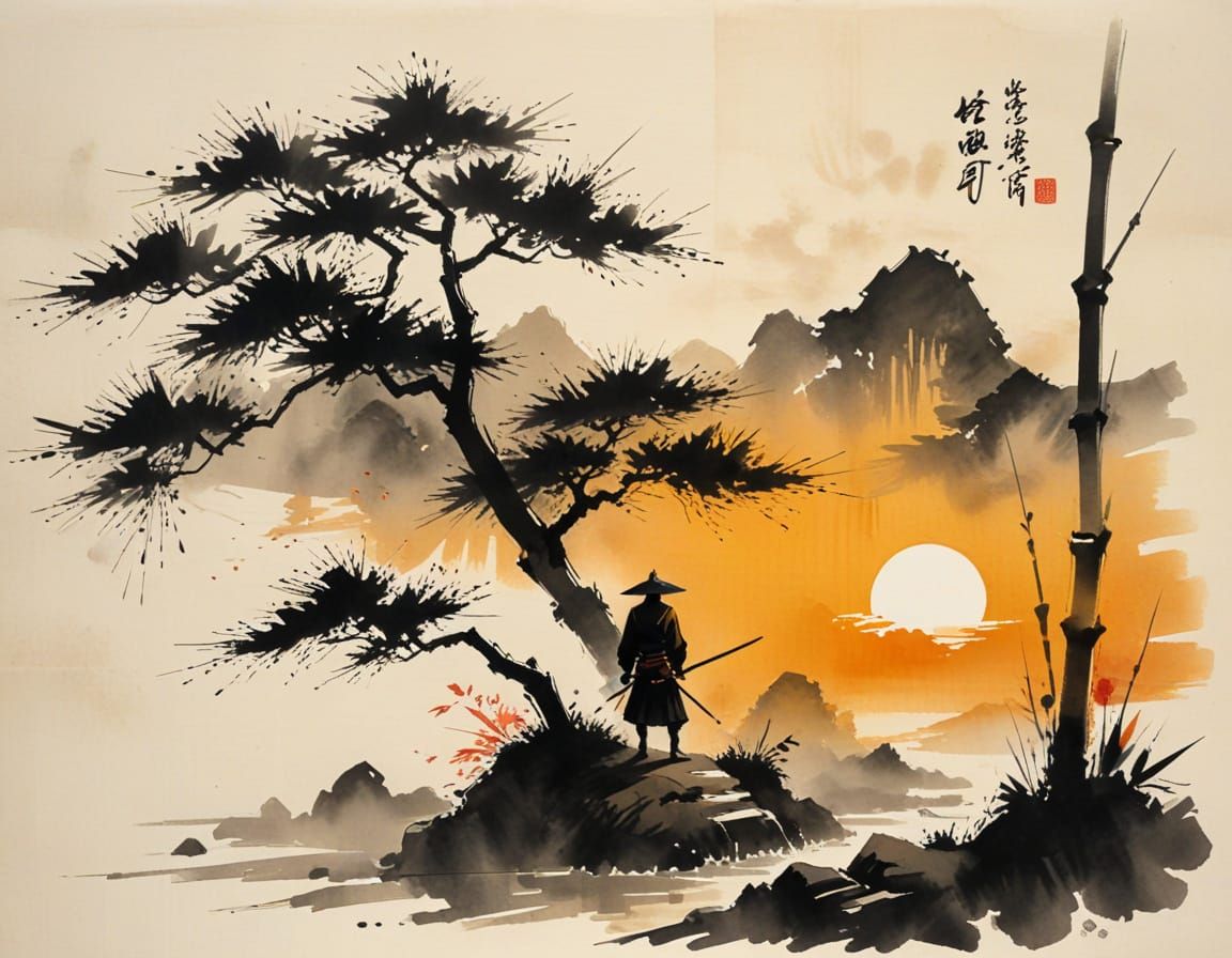 Samurai on Bamboo Path at Sunset in Ink Wash