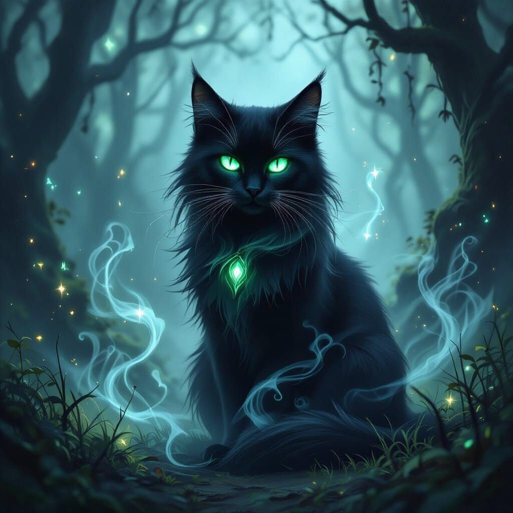 Mystical Black Cat with Emerald Eyes in Misty Forest