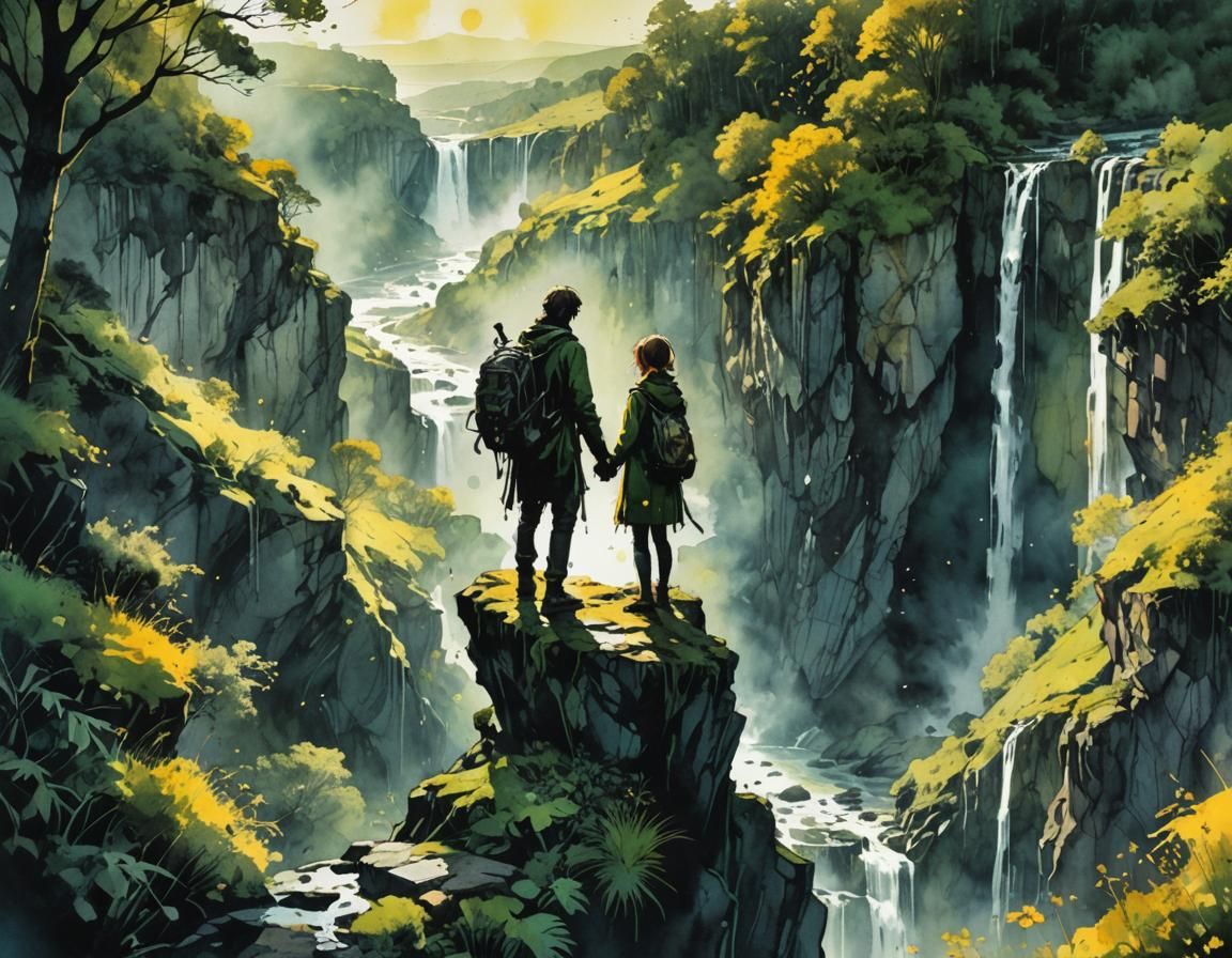 Watercolor Landscape with Silhouetted Figures