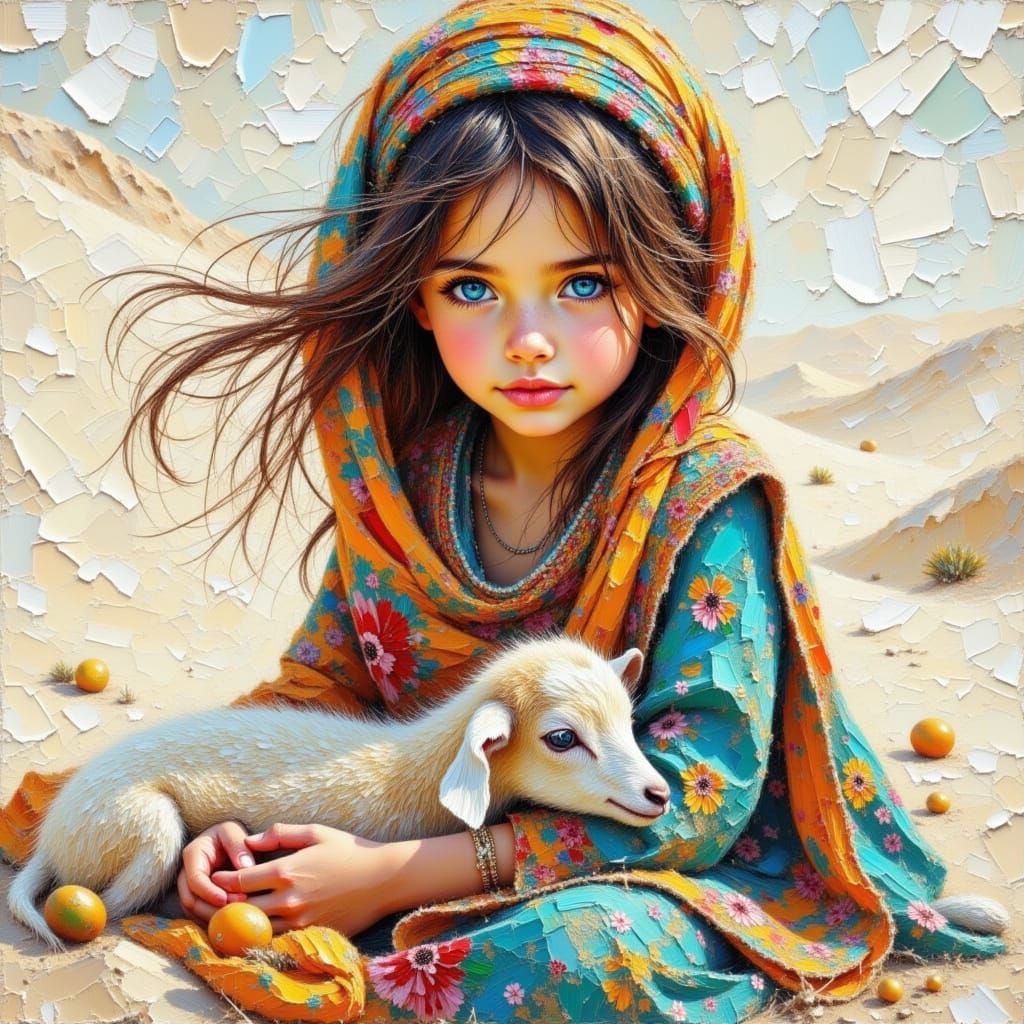 Bedouin Girl with Kid Goat in Impasto Style
