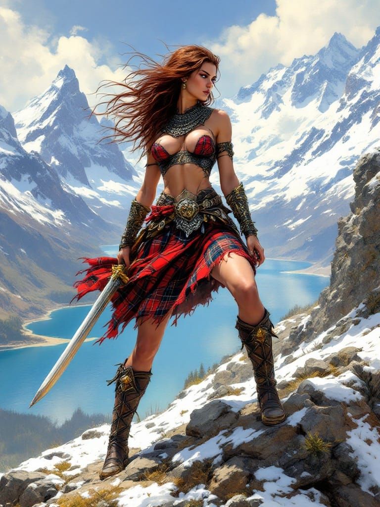 Celtic Warrior Queen Defiant in Snow-Capped Mountains