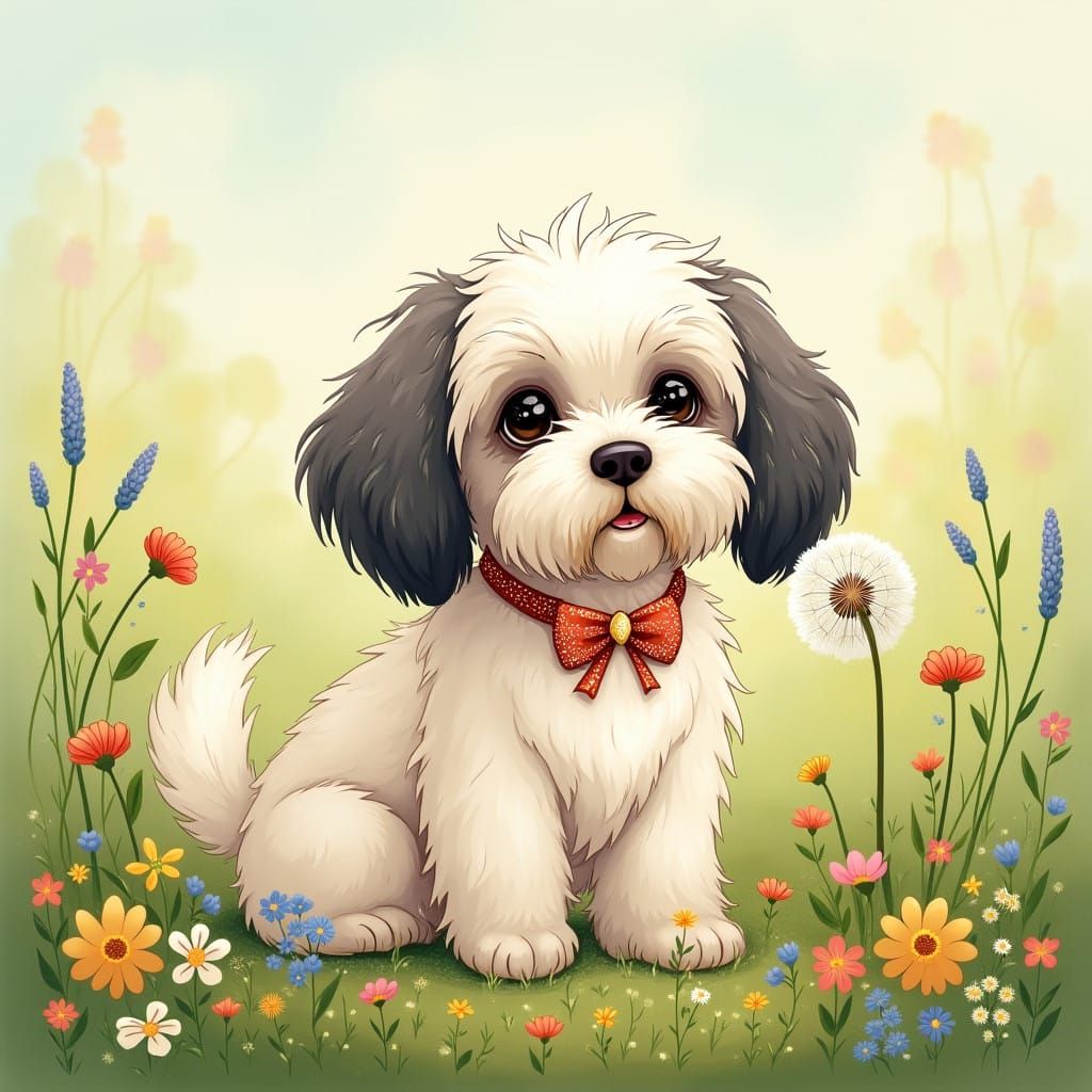 Whimsical Havanese Dog Blows on a Dandelion in a Vibrant Mea...