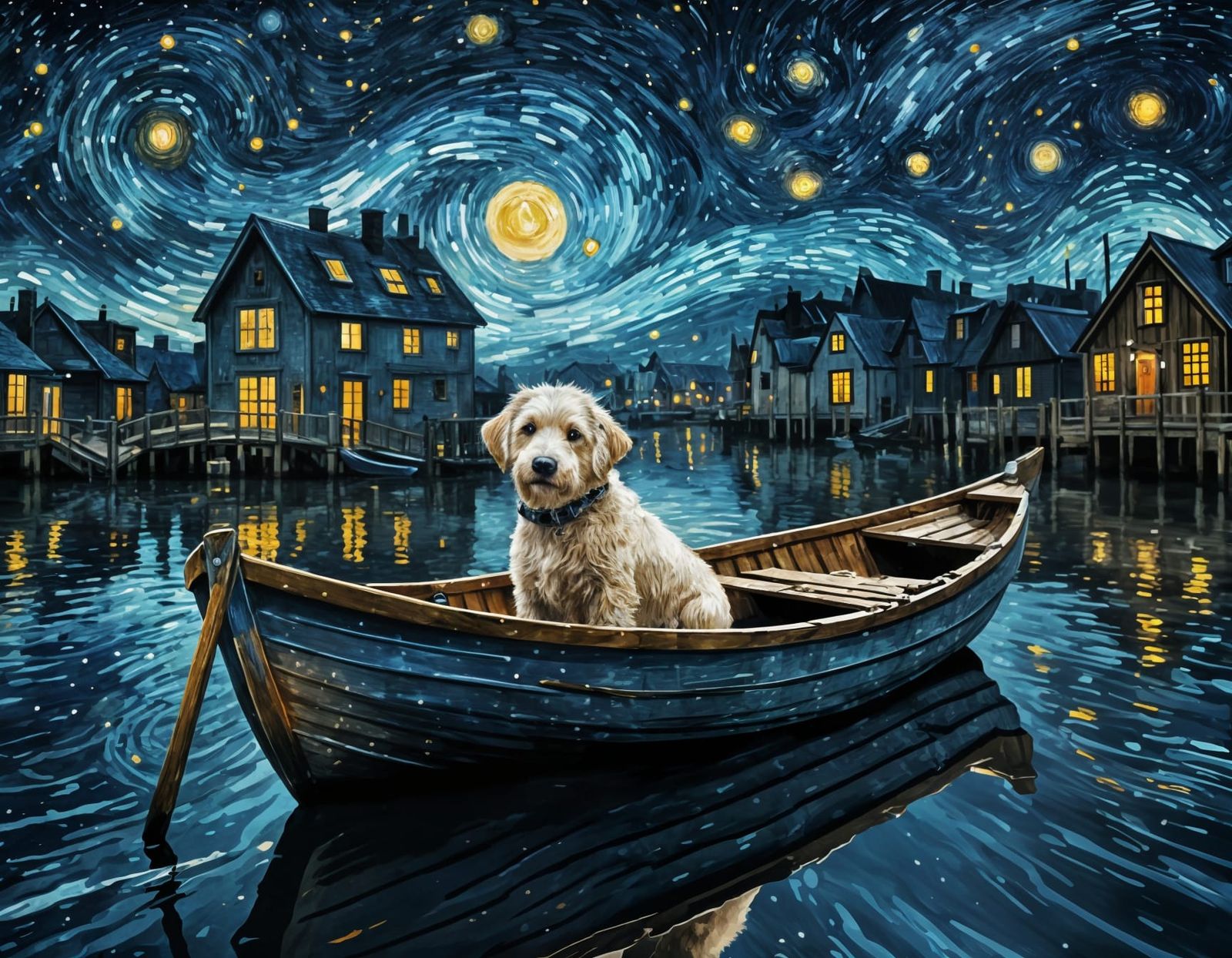 Dog's Starry Voyage: Van Gogh Style Seascape