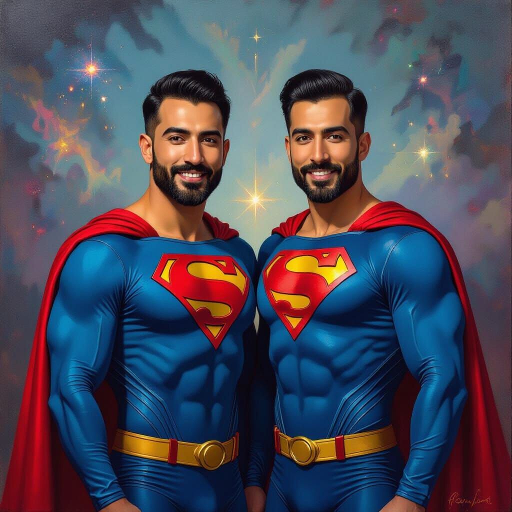 Two Proud Arab Supermen in Blue Velvet, Impressionistic Oil ...