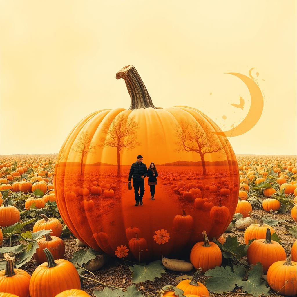 Double Exposure Pumpkin Patch in Watercolor Style
