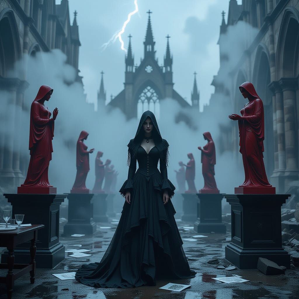 Gothic Model Among Iron Sculptures in Black and White