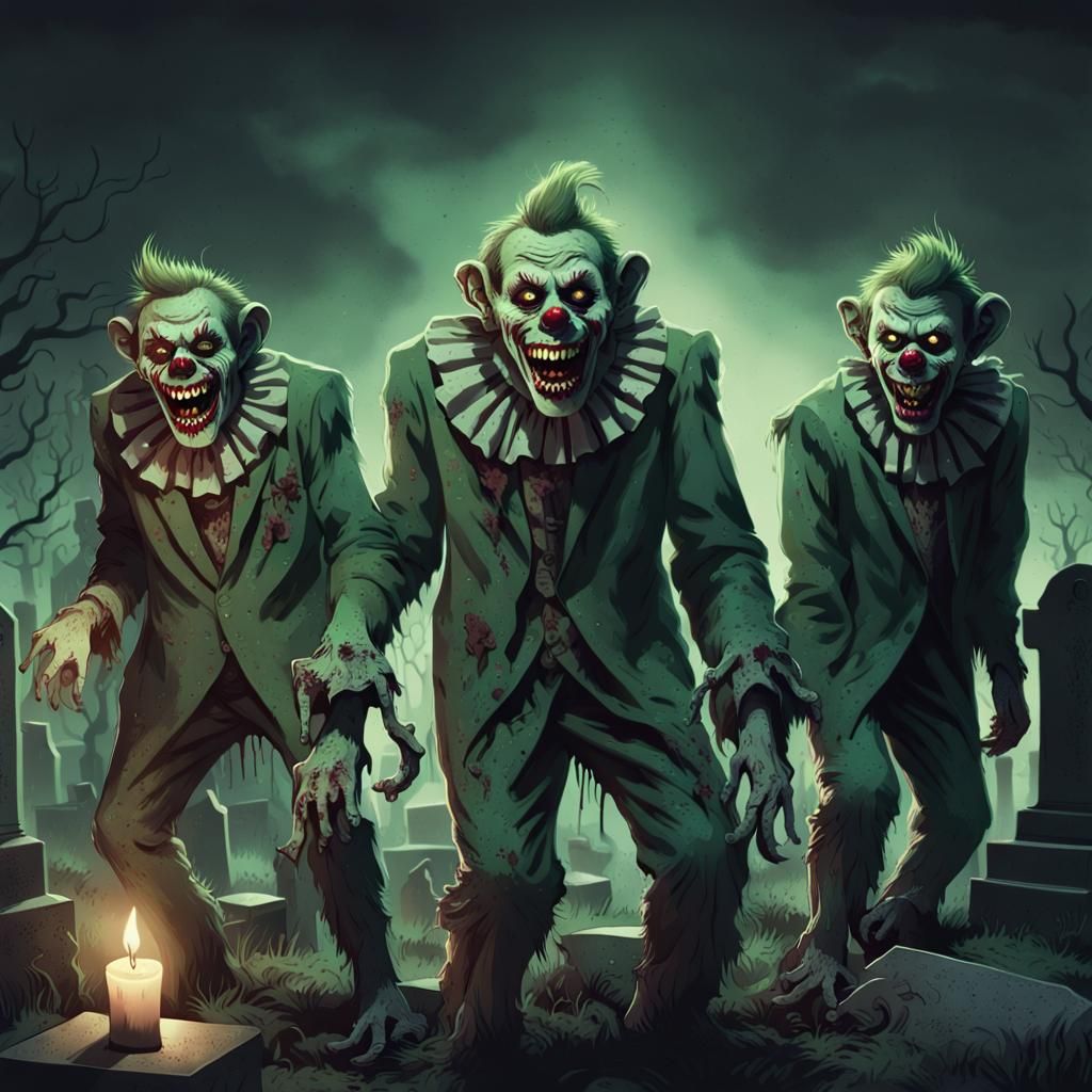 Dark Fantasy Zombie Clown Spectacle in a Haunted Cemetery