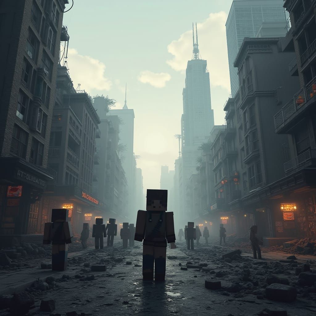 Post-Apocalyptic Minecraft Cityscape with Zombie Survivor