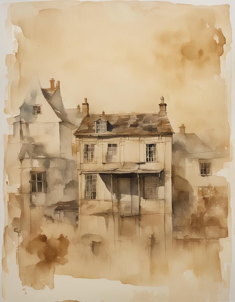Faded Ink Prints of Old Houses on Cream Watercolor