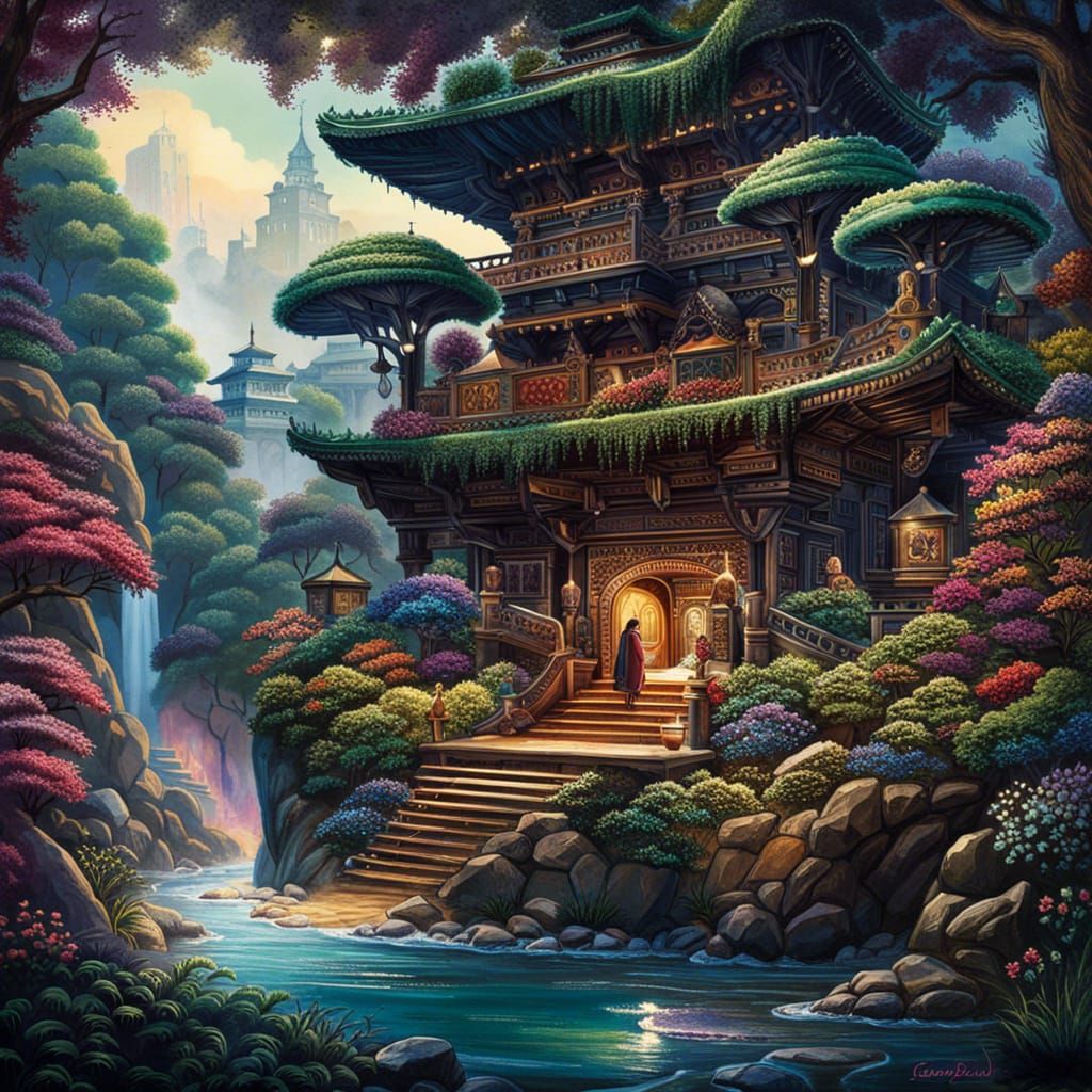 Family Prayer in Japanese Garden, Digital Art