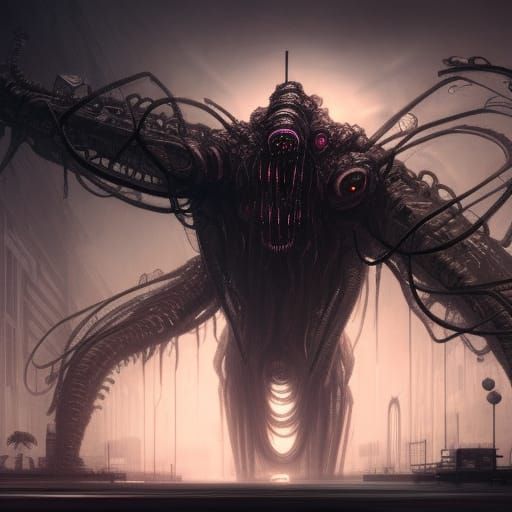 Eldritch Insectoid in Cyberpunk Cityscape