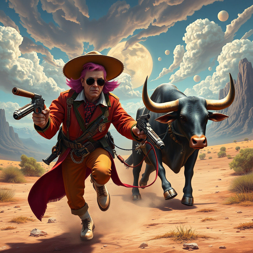 Surreal Torero and Bull in Dreamlike Landscape