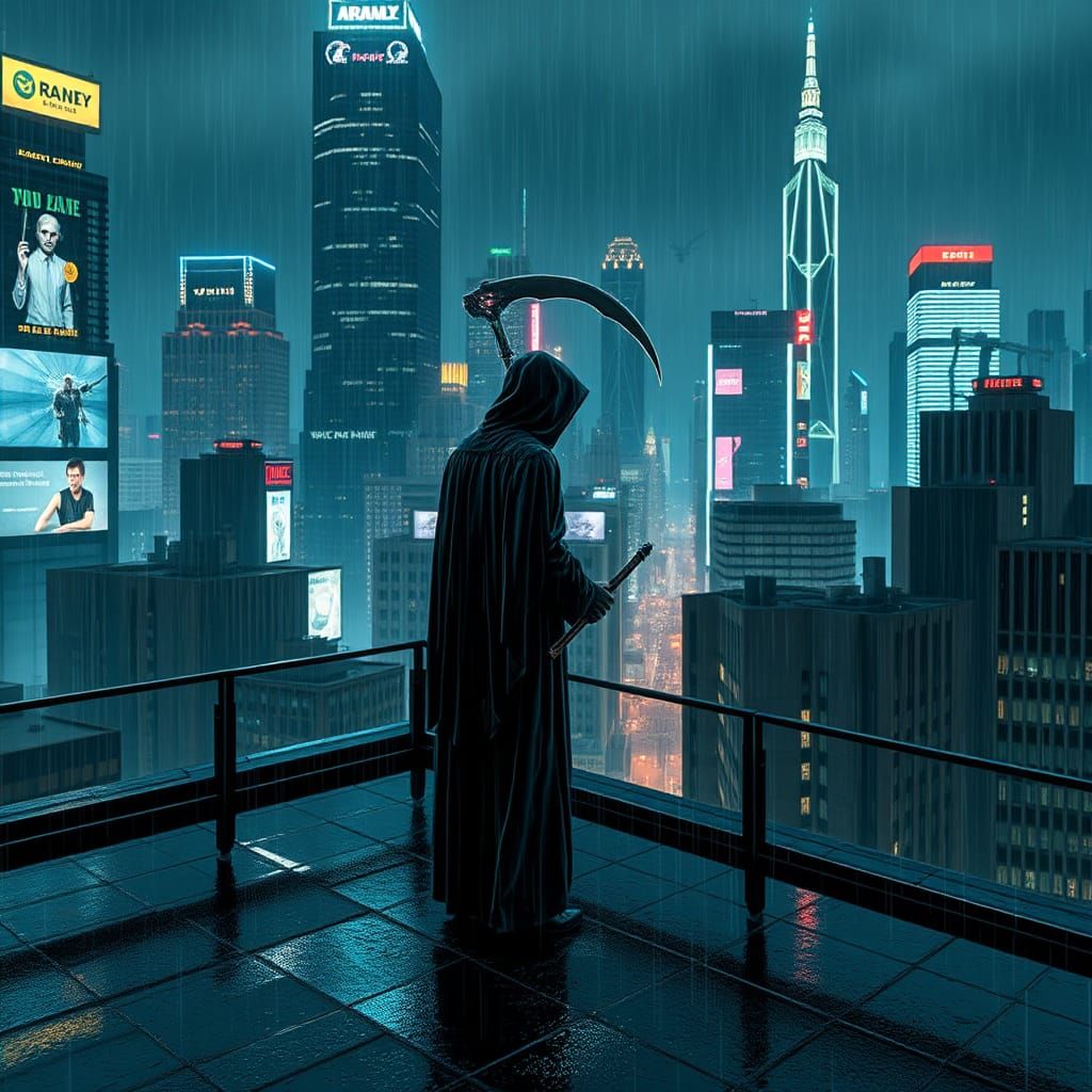 Grim Reaper's Neon City Loneliness: Cyberpunk Art