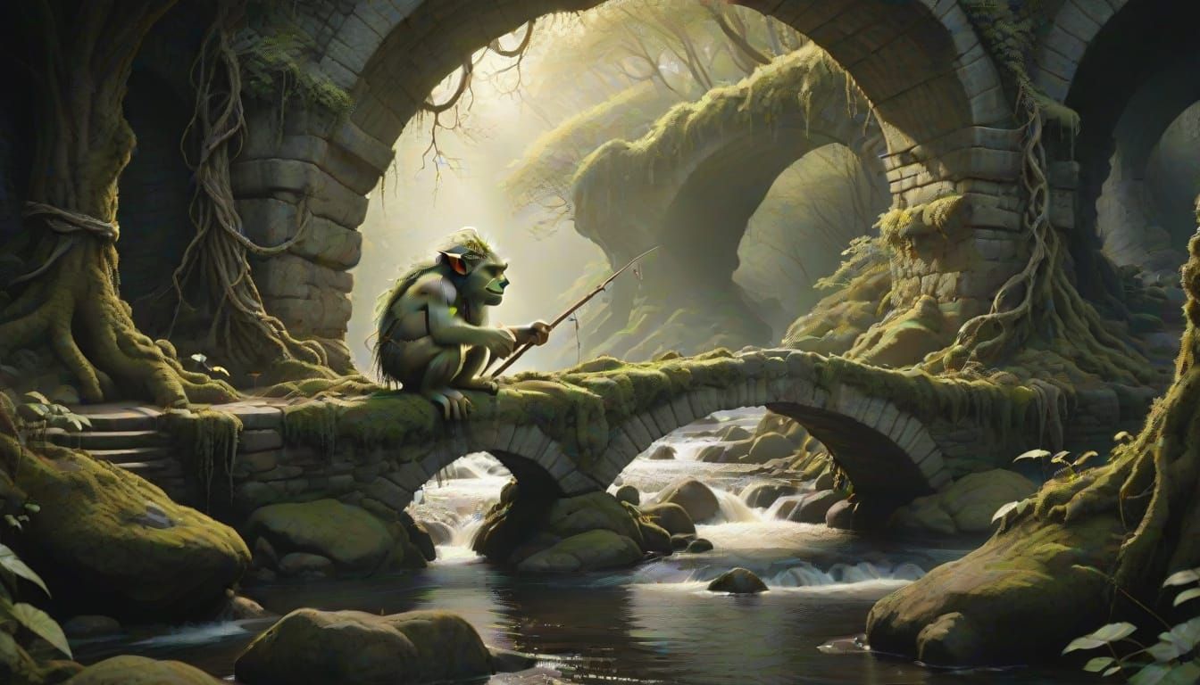 Moss Troll Fishing Under Stone Bridge in Dark Fantasy