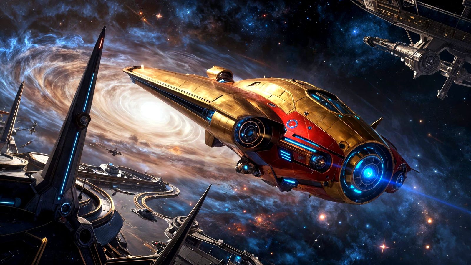 Massive Biomechanical Spaceship in Cyberpunk Galaxy