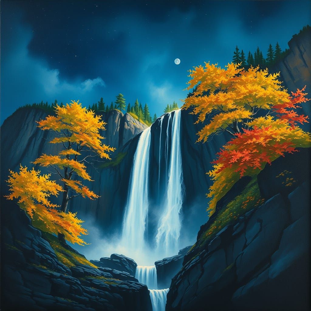 Surreal Waterfall at Night, in Impressionist Style