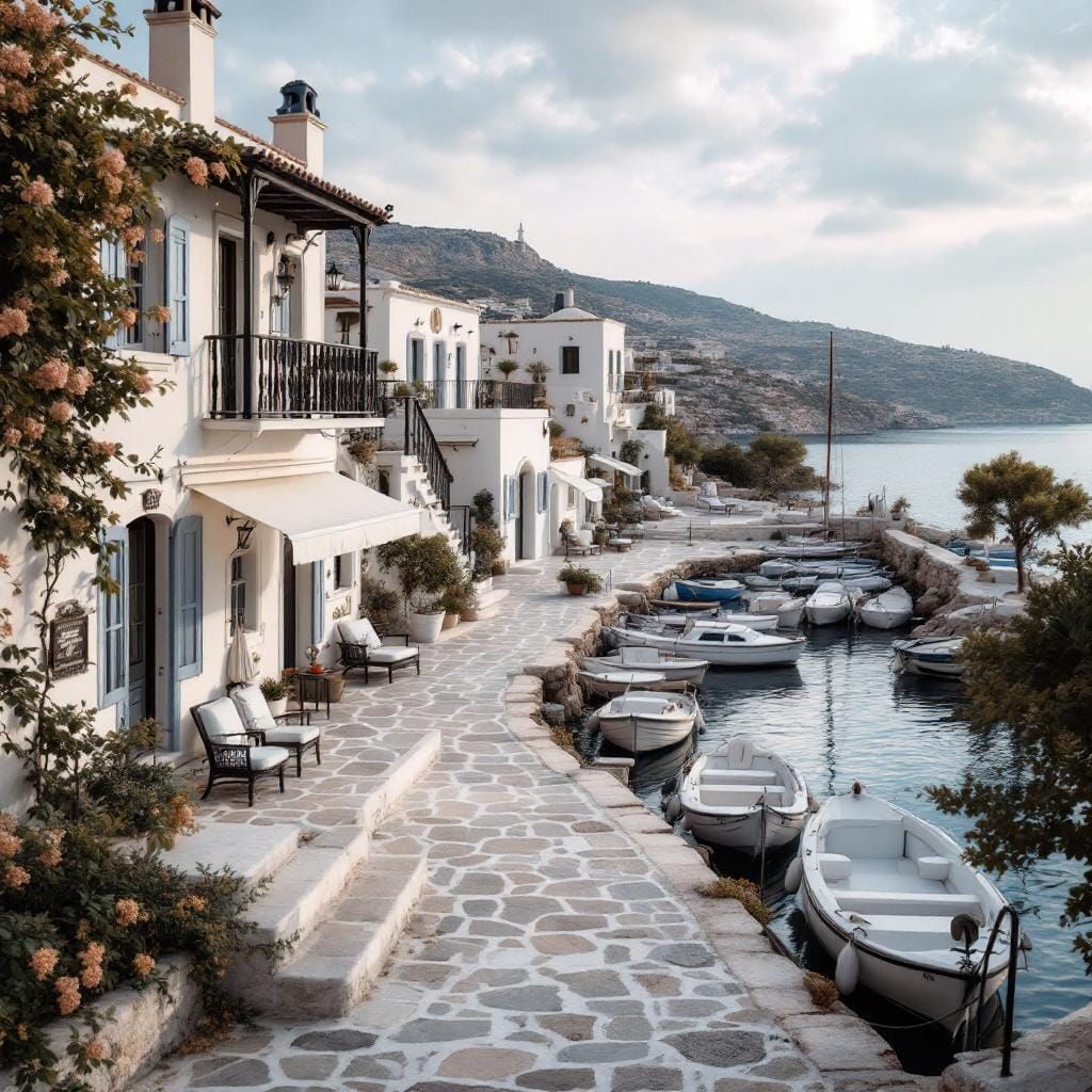 Cozy Greek Island Harbor in Classical English Style