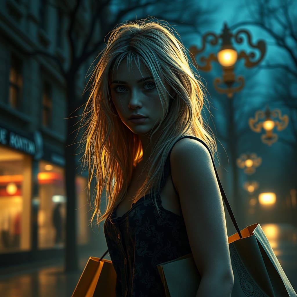 Woman Walks Alone at Dusk in Art Nouveau Style