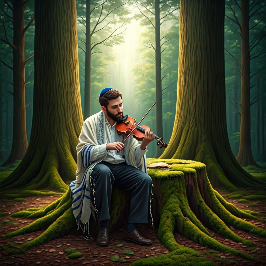 Talmudic Sage Sits Contemplative in Forest Glade