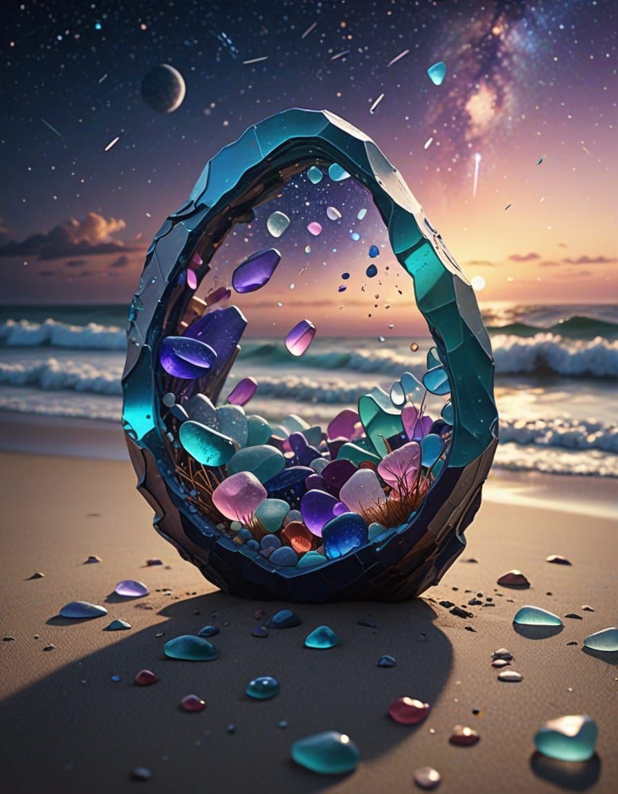 Sea Glass Space Sculpture With Cosmic Galaxy