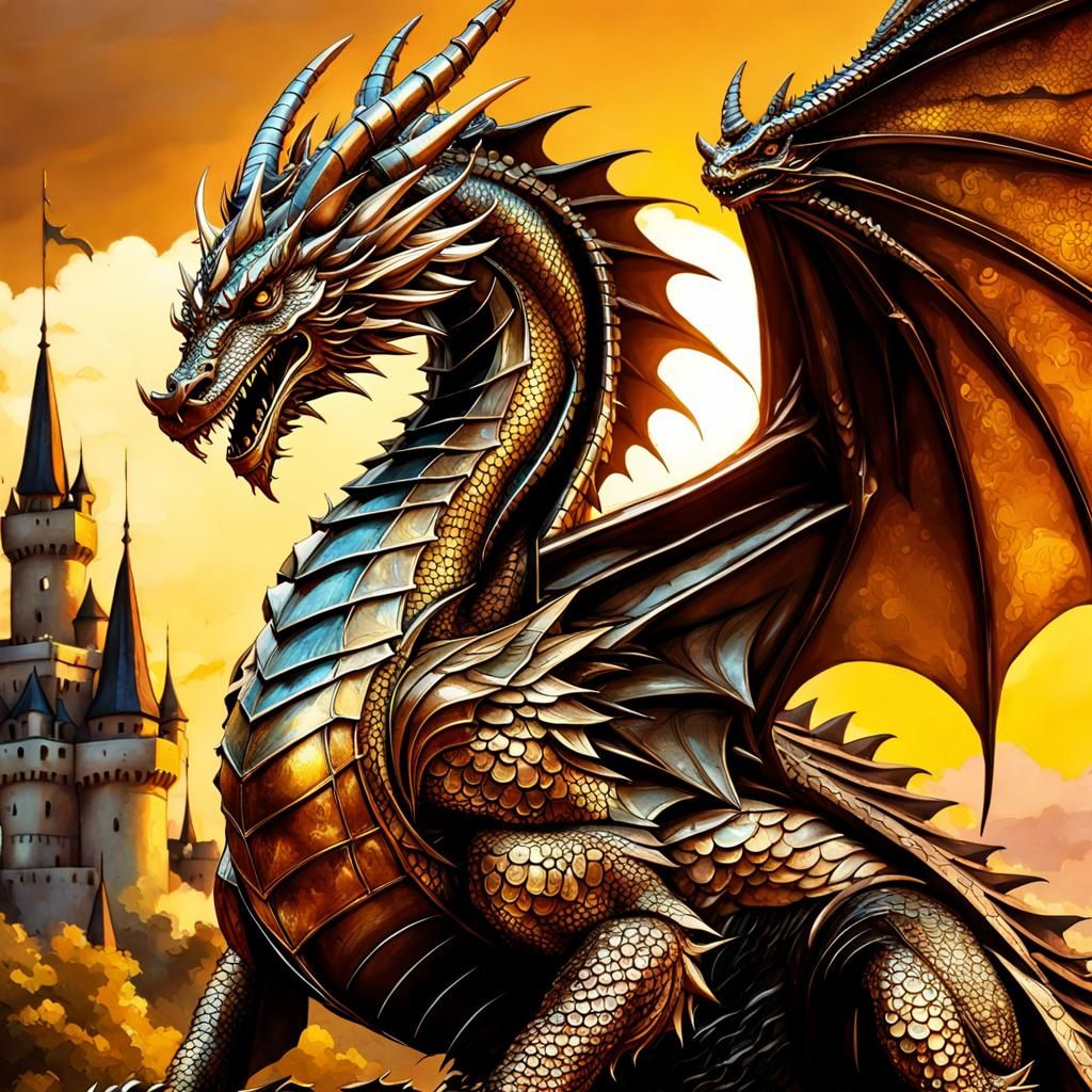 Majestic Copper Dragon with Castle Sunset, Detailed Art