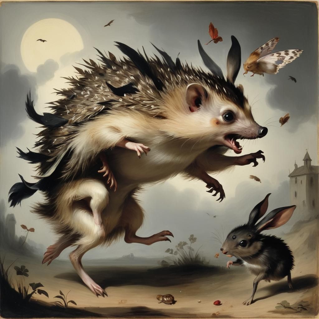 Hedgehog Captures Vampire Rabbit: Classical Painting