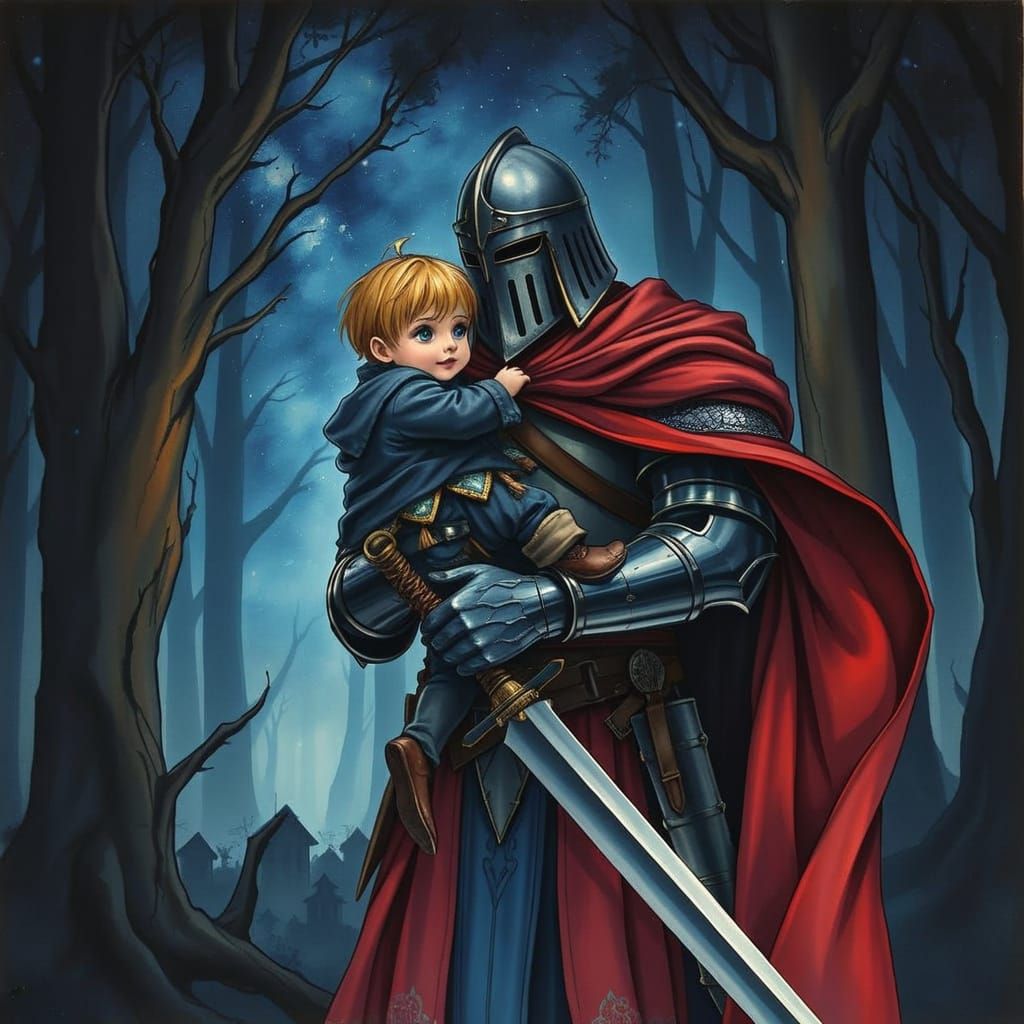 (Unsigned:3.0). medieval knight carrying youngster, dark for...