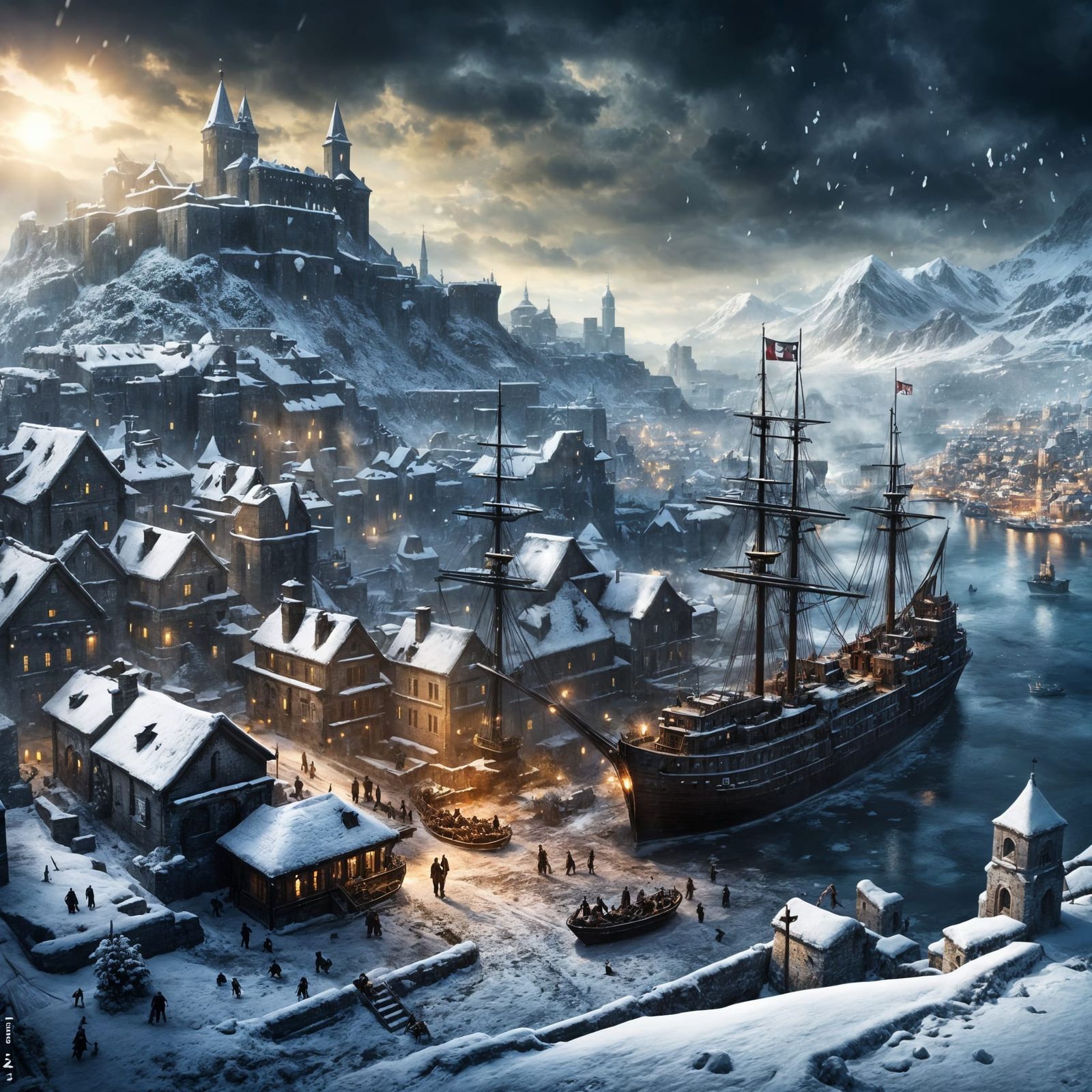 Icy Croatian Port City in Dark Fantasy Style