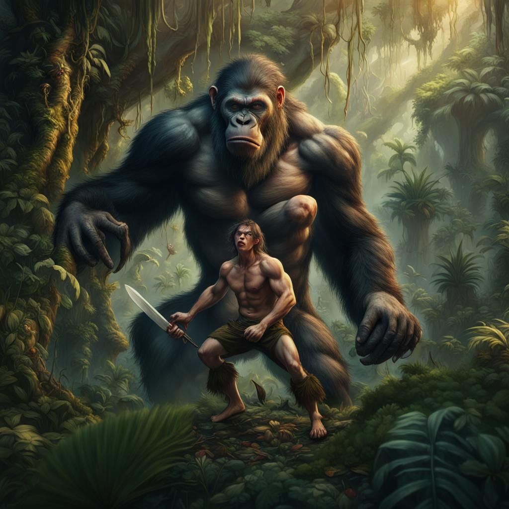 Tarzan Crouching in Jungle with Giant Ape