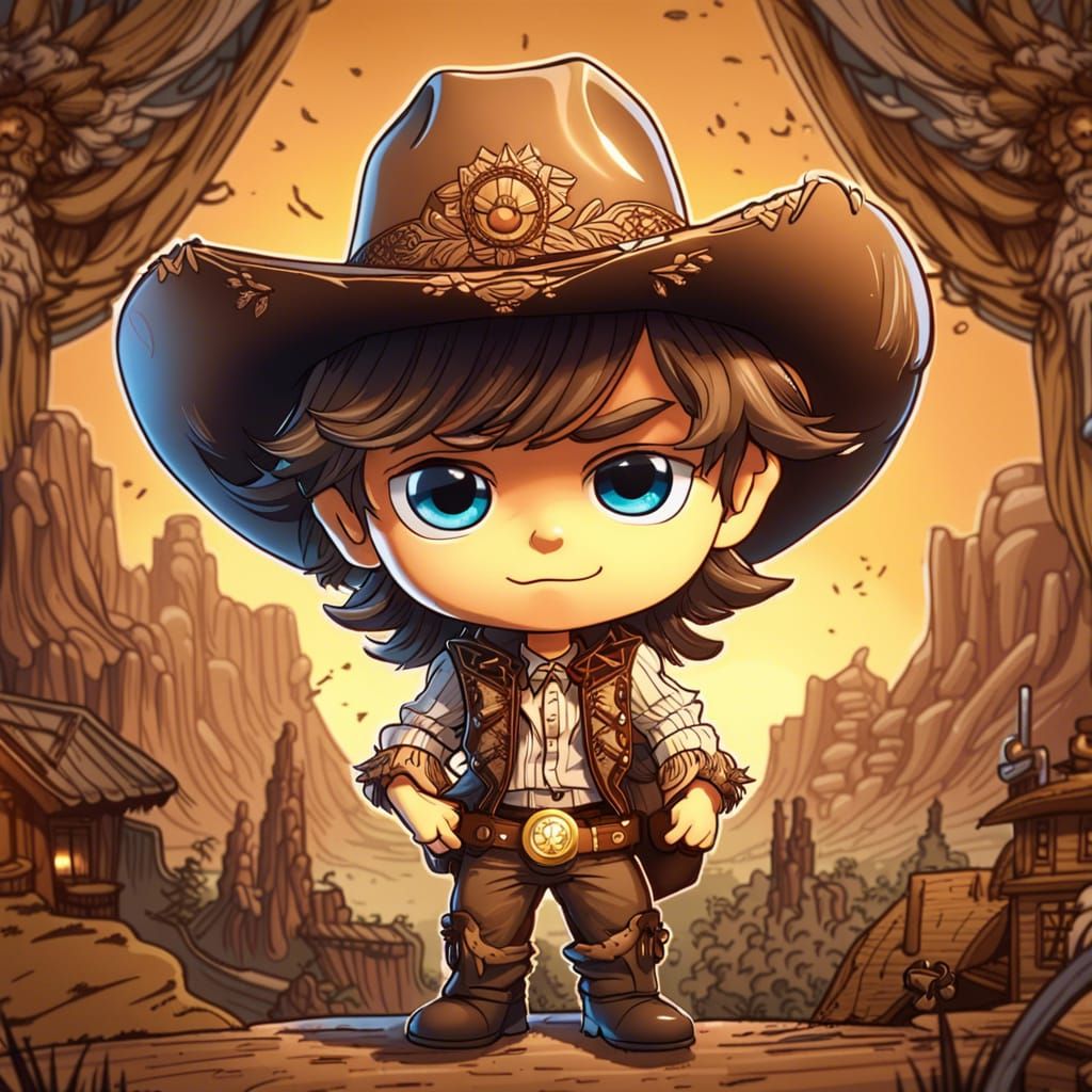Adorable Chibi Cowboy in Wild West Scene