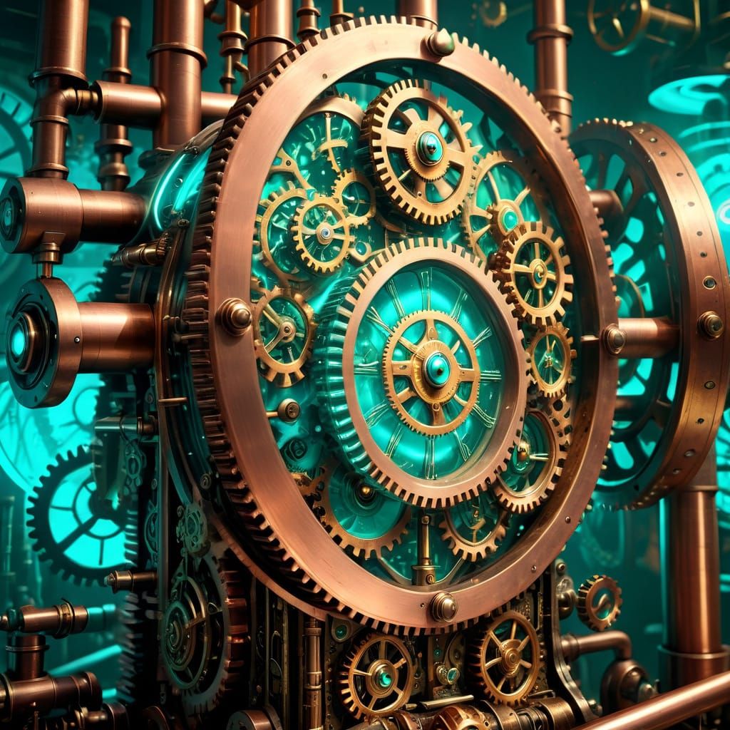 Steampunk Clockwork Machine with Turquoise Mist