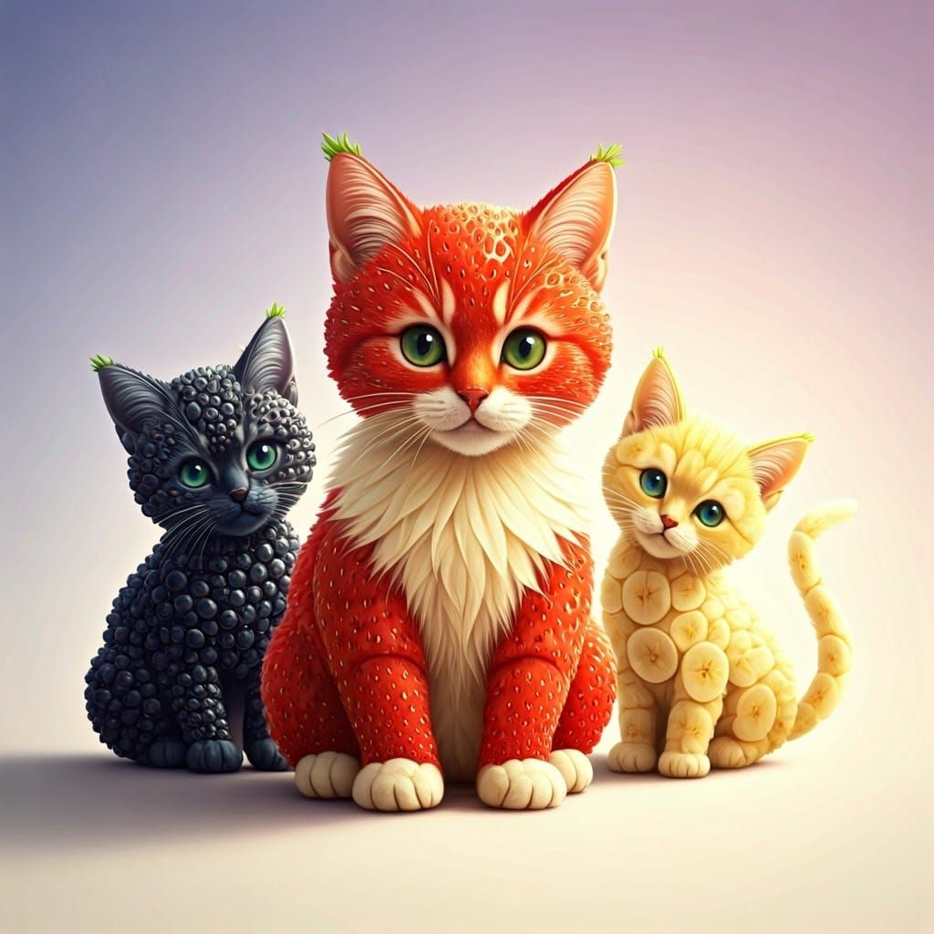 Whimsical Fruit Kittens in Ombre Background